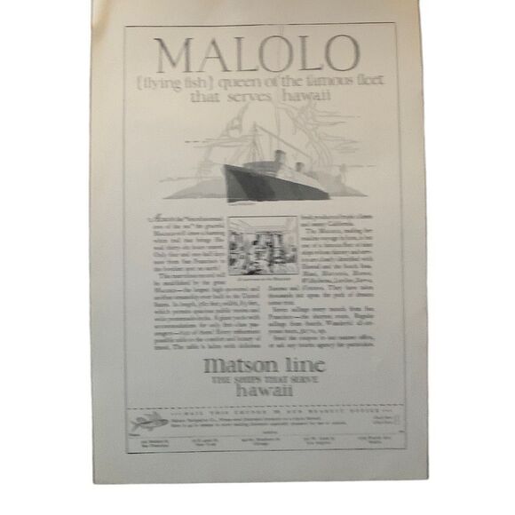 Vintage 1927 Matson Line Malolo Queen of the Fleet Ad Advertisement - Picture 2 of 3